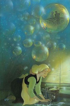 a painting of a woman washing her hands in the water with soap bubbles floating over her