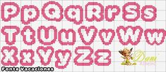 a cross stitch pattern with the letters and numbers in pink, white and black colors