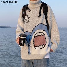 Turtleneck For Men, Shark Sweater, Estilo Harajuku, Turtle Neck Men, Winter Turtleneck, Oversized Turtleneck, Grey Turtleneck, Dragon Balls, Sweater Men