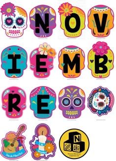 a bunch of stickers that say november and have skulls on them with flowers in the middle