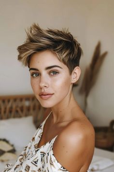 Woman with short, stylish hair and a relaxed expression sitting on a bed.