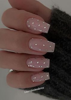 New Year's Eve nails: tiny gems Neutral New Years Eve Nails, New Year Nails Coffin Shape, Super Short New Years Nails, New Years Eve Square Nails, New Years Nails With Gems, New Year New Me Nails, New Year Sparkle Nails, New Year New Nails, New Years Nail Inspo 2023