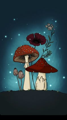 two mushrooms are sitting on the ground with flowers in their mouths and one mushroom is standing up