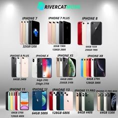 an advertisement for the new iphones in different colors and sizes, all with their price tags