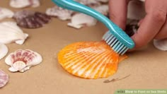 a person brushing their teeth with a toothbrush on top of shells and seashells