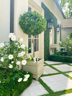 a house with white flowers and bushes in front of the door, on a sunny day