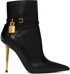 Ankle-high buffed leather boots in black. Logo-engraved padlock and key charm at ankle. · Pointed toe · Pin-buckle ankle strap · Concealed zip closure at inner side · Leather lining · Covered metal stiletto heel with rubber injection · Leather outsole · Gold-tone hardware · Heel: H4 in Supplier color: Black Couture, Tom Ford Padlock Heels, Tom Ford Boots, Ford Black, Womens Boots Ankle, Dress And Heels, Heeled Ankle Boots, Black Logo, Black Ankle Boots