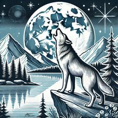 a wolf standing on top of a tree stump in front of a moon filled sky