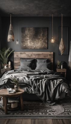 a bedroom with black walls and wooden furniture, including a bed covered in grey sheets