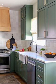 Soft Green Cabinets, Historic Home Remodel, Green Kitchen Interior, Transitional French Country, Renovated Bungalow, Bungalow Kitchen, Home Remodel, Cottage Living