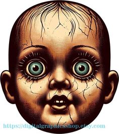 a drawing of a baby's face with blue eyes