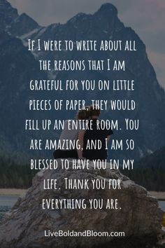 a person sitting on top of a rock next to mountains with the words if i were to write about all the reason that i am grateful for you on little pieces of paper