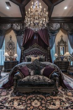 an ornate bedroom with chandelier and bed