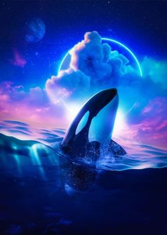 an orca swimming in the ocean under a full moon with clouds and stars above it