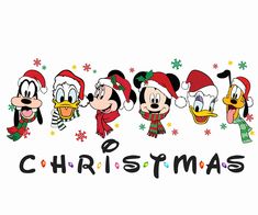 mickey mouse christmas wallpaper with the names of different characters in santa hats and scarfs