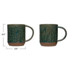 Debossed stoneware mug with beautiful nature-inspired design. Every mug is unique and will vary! Each sold separately. Dimensions: 3-1/2" Round x 6-1/2"H, holds 16 oz. Product Attributes: Food Safe, dishwasher safe Christmas Tabletop Decor, Matte Green, Holiday Toys, Reactive Glaze, Creative Co Op, Sports Decorations, Mirrored Furniture, Animal Books, Nature Inspired Design