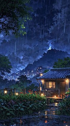 a house in the rain at night with lights on