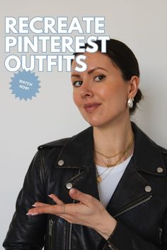 a woman wearing a black leather jacket with her hands in her pockets and the words, how to create pinterest outfits