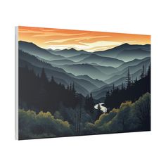 a painting of mountains and trees at sunset