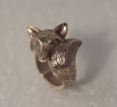 this is the furry version of the satin bronze fox comes in a dark or bright finish ADD NOTE ABOUT FINISH (dark or bright) pick eye color from the diamond chart. comes with a black faux leather box box with ribbon Diamond Chart, Fox Ring, Wolf Jewelry, Wax Carving, Green Garnet, Book Jewelry, Diamond Eyes, Bronze Ring, Animal Rings