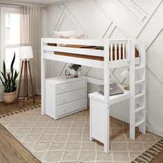 a white loft bed with desk underneath it