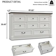 an image of a white dresser with drawers and trays on the bottom, labeled product detail