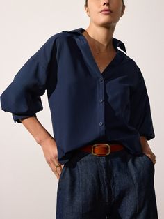 Women's Kate Shirt in Navy | Brochu Walker Cheap Classic Navy Tops, Shirt Button Women, Cheap Navy Shirt For Women, Brochu Walker, It Day, Feminine Blouses, Those Days, Twill Pants, Easy Breezy