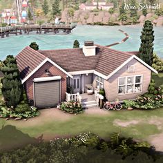 this is an artist's rendering of a house in the woods by the water