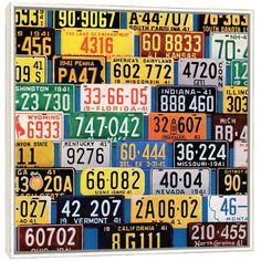 an assortment of license plates are displayed on a white background with black and yellow numbers