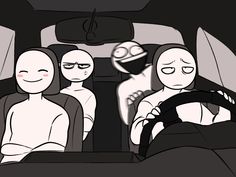 three people sitting in the back seat of a car with faces drawn on their backs