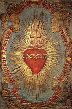 an ornate painting with a heart and cross on it