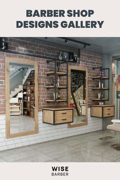 an advertisement for a barbershop with wooden furniture and brick wall behind the counter