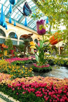 the inside of a flower shop filled with lots of colorful flowers and umbrellas hanging from the ceiling