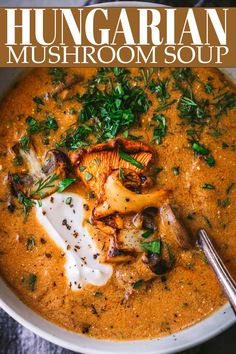 a white bowl filled with mushroom soup on top of a table