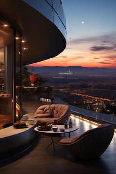 a living room filled with furniture next to a balcony overlooking the city at night time