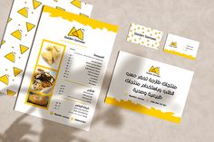 the menu is designed with yellow and white shapes