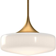 a light fixture with a white glass shade on the bottom and a gold metal base