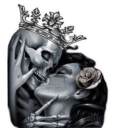 a couple kissing each other with a skull and rose on their forehead in black and white