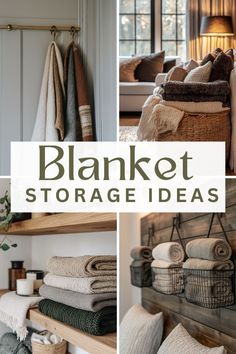 a collage of photos with towels and blankets on shelves in the corner, next to a bed