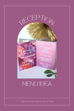 a purple and pink wedding menu with the word reception in white lettering on top of it