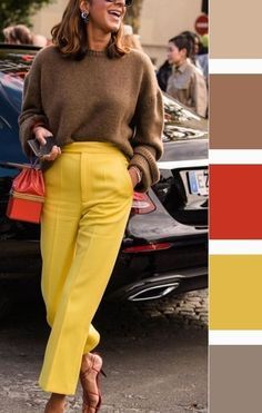 Yellow Pants Outfit Fall, Yellow And Beige Outfit, Mustard Color Outfits, Yellow Color Combinations Outfits, Yellow Blouse Outfit, Yellow Pants Outfit, Yellow Color Combinations, Mustard Pants, Colour Combinations Fashion