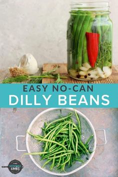 green beans and red peppers in a mason jar with the title regrigerator dilly beans