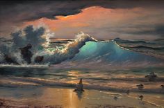 an oil painting of waves crashing on the beach with boats in the water at sunset