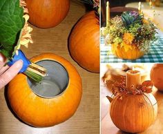 pumpkins are being used as vases for flowers and candles