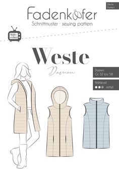 the vest pattern is shown in three different colors and sizes, with an attached hood