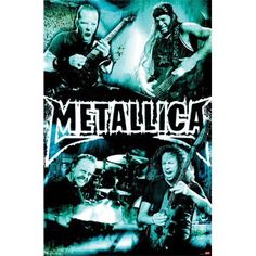 the poster for metallicica, featuring two men playing guitars and one man singing into a microphone