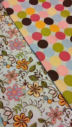 three different types of fabric with flowers and dots on them, all in various colors