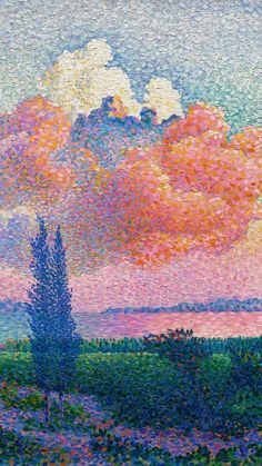 an oil painting of clouds and trees in the distance with pinks, yellows, and blue