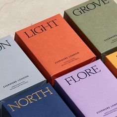 nine boxes of different types of perfumes on a white surface with the words light above them