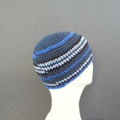 "I hand crocheted this hat with soft cotton yarn- it is made for those of you who prefer their beanies 'skull cap' style, measuring 7\" long and only just covering your ears...this will fit (or stretch to fit) most average size heads (20\"- 23\" in circumference)- please contact me if you would like a custom size. 7\"= 17.78 centimeters long 20\"- 23\"= 50.80- 58.42 centimeters in circumference this beanie was made with care, attention to detail and nice quality cotton yarn which will keep you w Casual Blue Crochet Beanie, Handmade Blue Beanie, One Size, Blue Handmade Beanie One Size, Handmade Blue Beanie One Size, Handmade Blue Beanie One Size Fits Most, Handmade Blue Beanie Cap, Hand Knitted Blue Yarn Beanie, Blue Crochet Beanie Hat, One Size Fits Most, Blue Crochet Beanie Hat